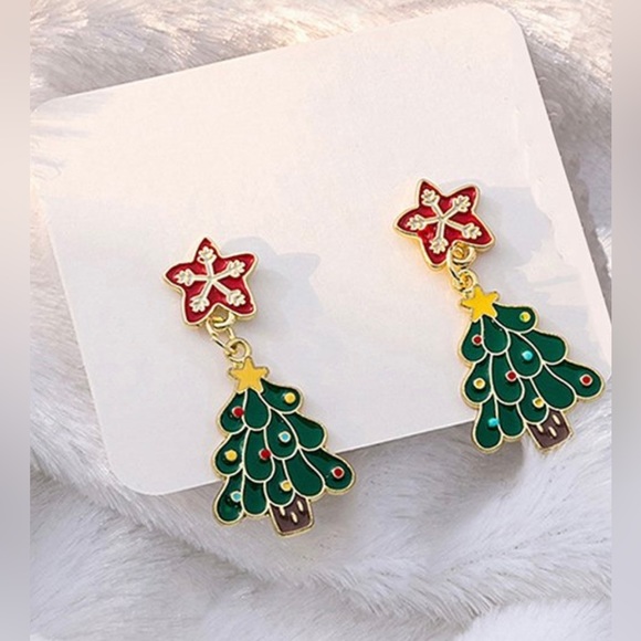 NEW Silver 925 Christmas Tree Green & Crimson Teardrop Holiday Earrings Jewelry - Picture 1 of 3